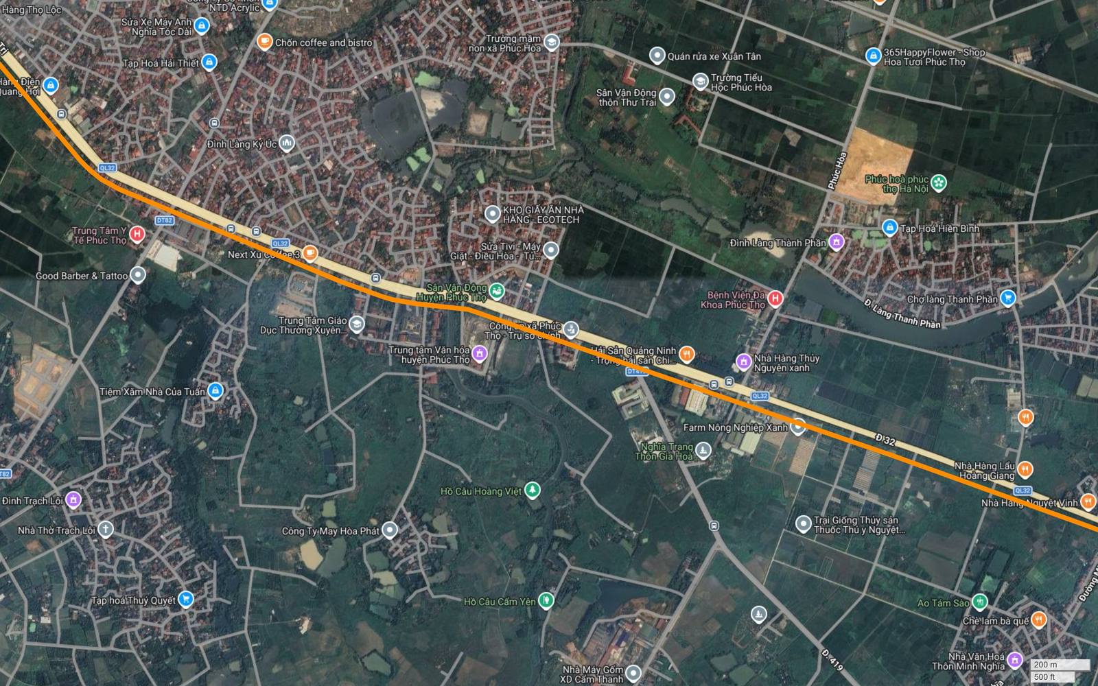 Khung ảnh vệ tinh metro số 3 Hà Nội tại Phúc Hòa Thanh Phần với một nhánh nước uốn khúc không có nhãn tên chạy phía bắc hành lang