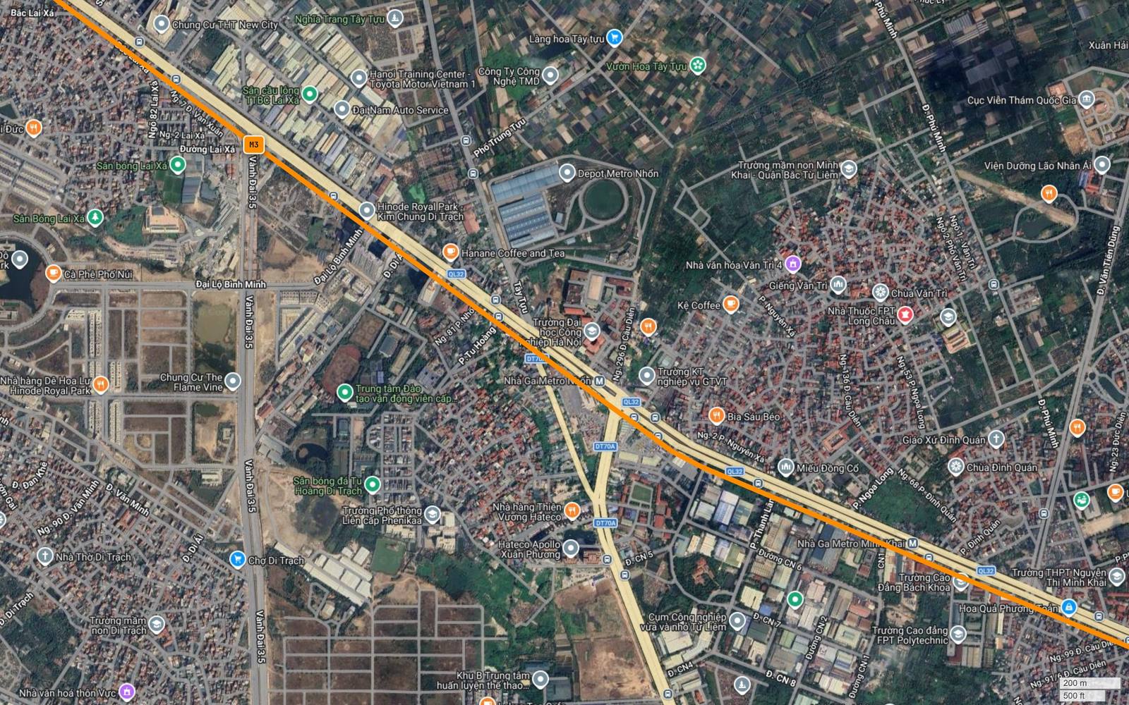Ảnh vệ tinh metro số 3 Hà Nội tại Nhổn với depot metro hiện rõ và các nhãn nhà ga của tuyến đường sắt đô thị đang khai thác