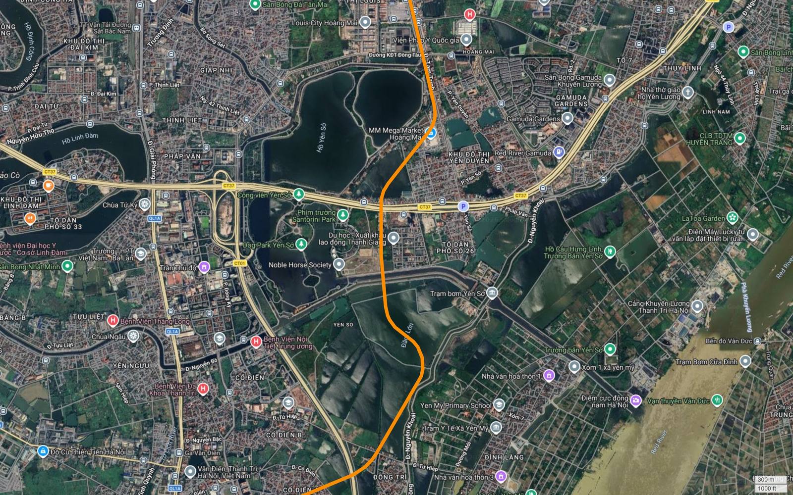Ảnh vệ tinh tuyến metro số 3 Hà Nội đi men Đầm Lớn Yên Sở, khung có tỷ lệ mặt nước lớn nhất toàn tuyến