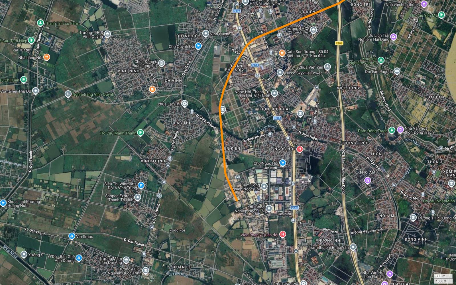 Khung ảnh vệ tinh cuối cùng của tuyến metro số 3 Hà Nội với đầu mút vạch cam dừng bên rìa Cụm công nghiệp Ngọc Hồi